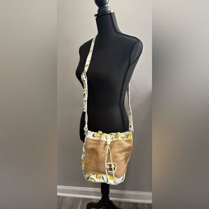 NWOT Valentina Raffia Lemon Print Leather Trim Bucket/Crossbody Made In Italy